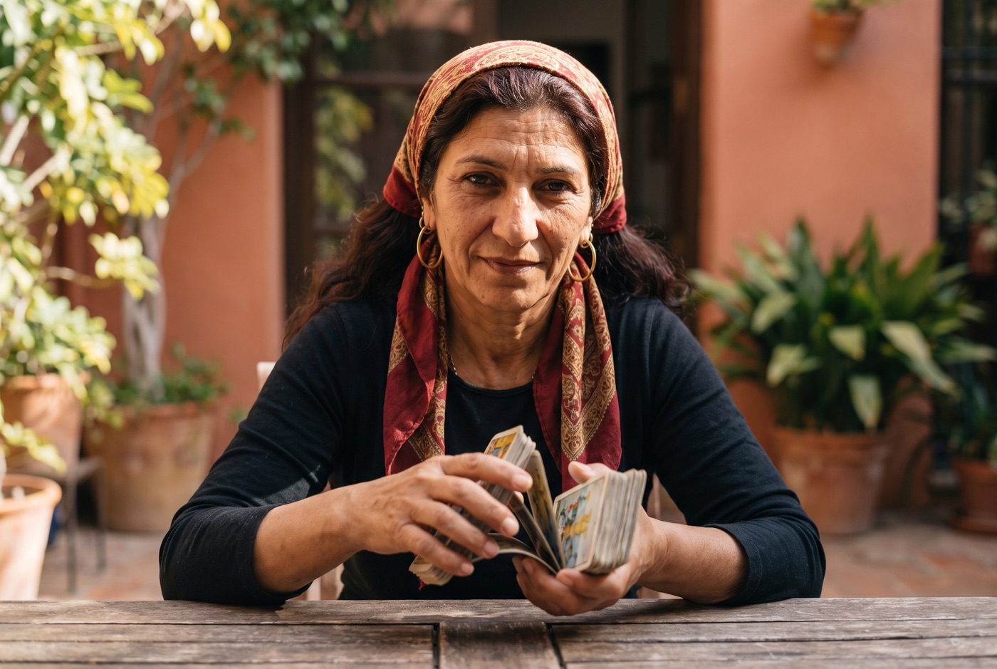 Esmeralda at her table — tarot & palm reading