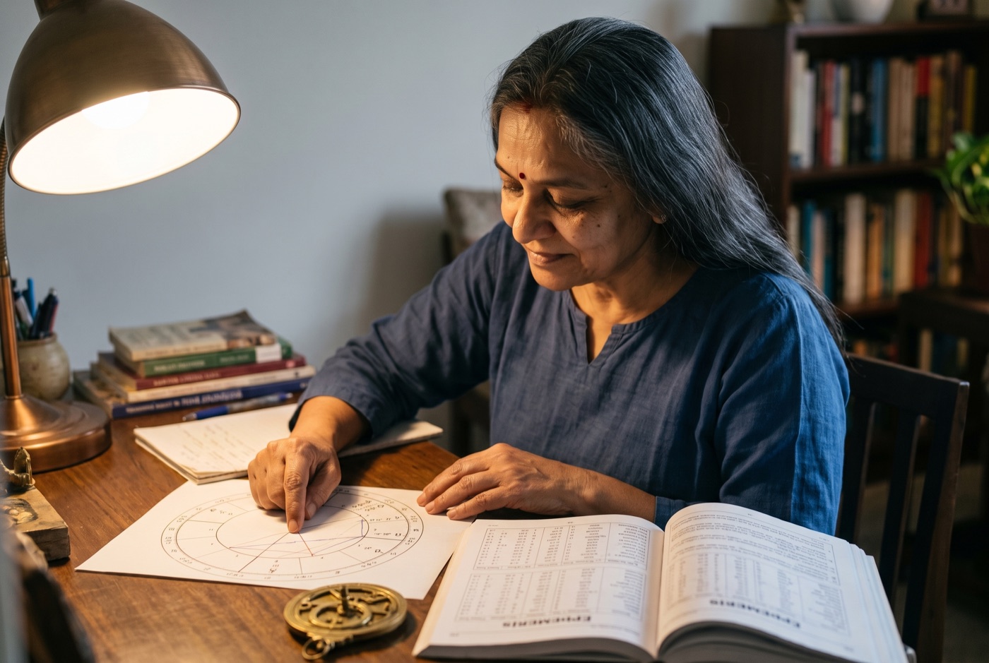 Maya Devi at her table — astrology & palm reading